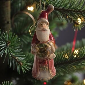 Glazed Ceramic Santa Claus Bell Ornament holding a wreath 5.5"